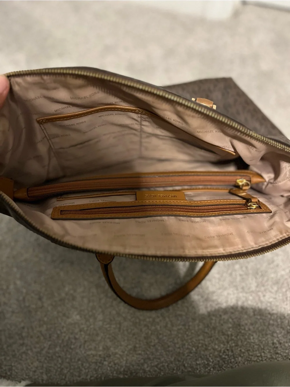 Michael Kors Brown and Tan Logo Satchel with Gold Hardware